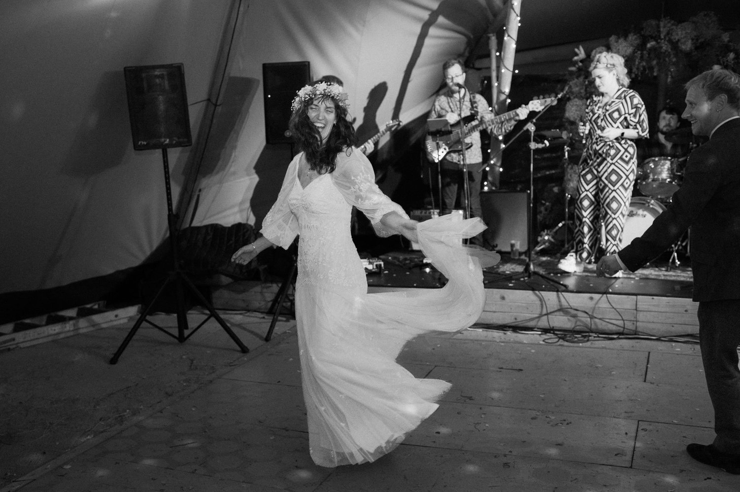 Hannah dancing in front of the live band