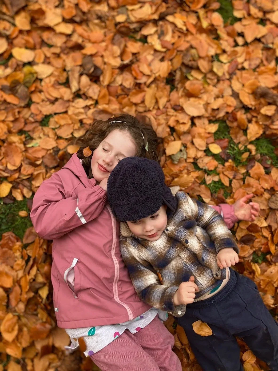 Lisa's children lying in autumn leaves